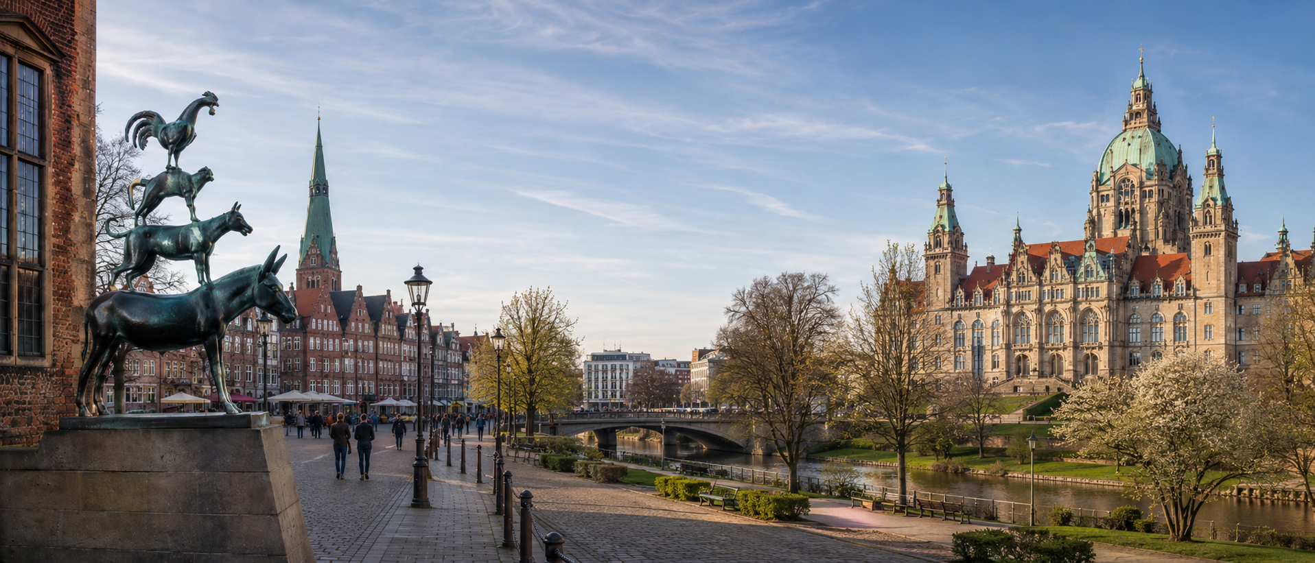 Panorama mit Bremer Stadtmusikanten und dem Neuen Rathaus Hannover – die zwei Regionen der A&L Vermögensverwaltung